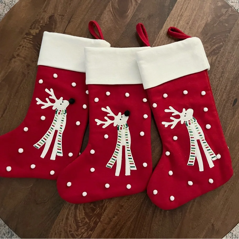Crate&Barrel Reindeer Red and White Holiday Wool Blend Stockings Set of 3